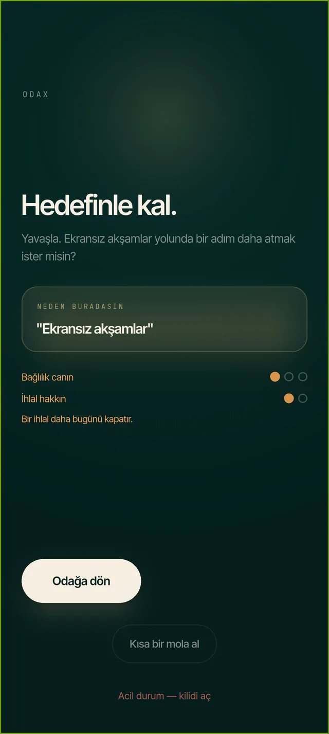 Engelleme ekranı: hedefin hatırlatılır, mola hakkı ve kalan ihlal hakkı gösterilir.