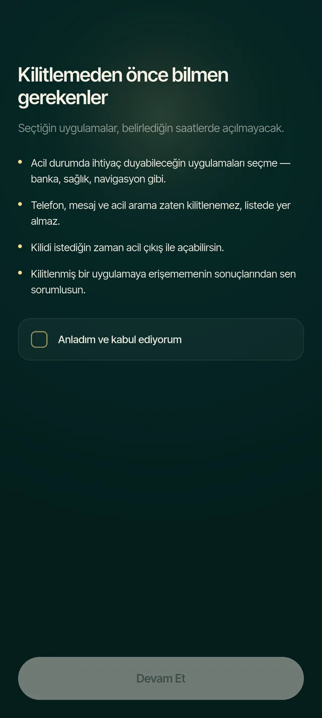 Kilitlemeden önce gösterilen bilgilendirme ekranı: acil durum uygulamaları seçilmemeli, telefon ve mesajlar kilitlenmez, kilit acil çıkışla açılabilir.