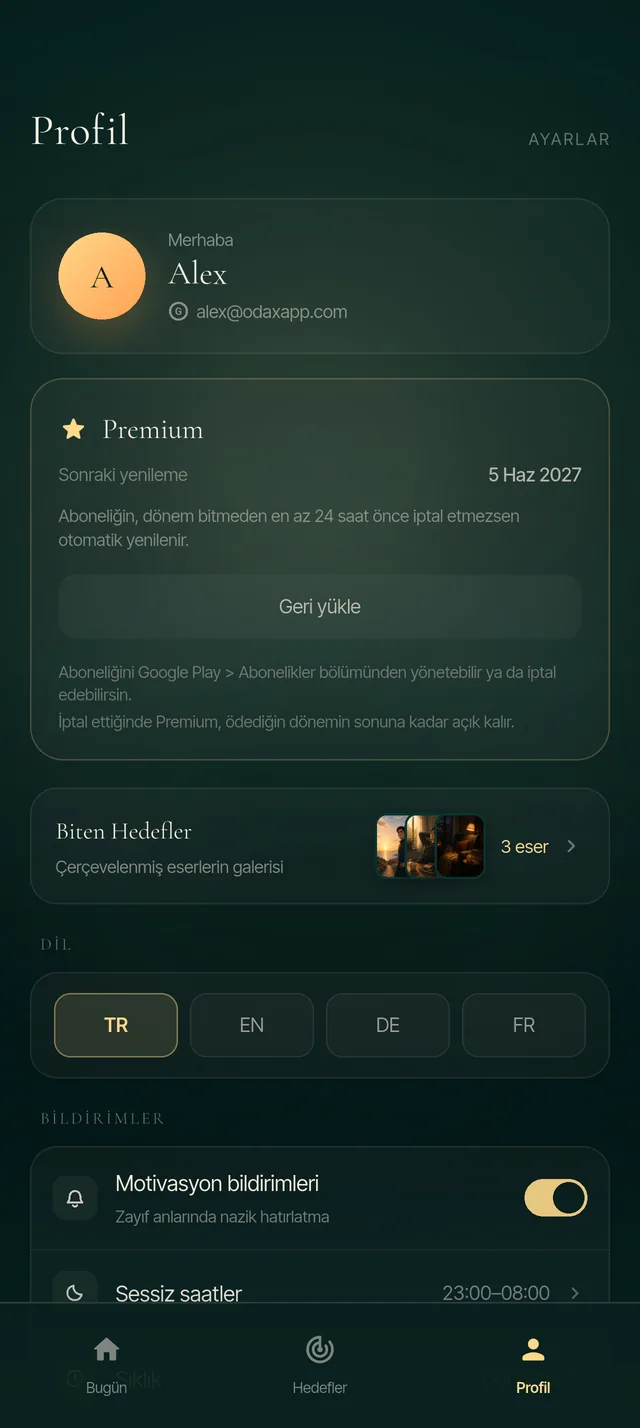Profil ekranı: Premium aboneliğin yenilenme tarihi, Google Play üzerinden iptal bilgisi ve dil seçimi.